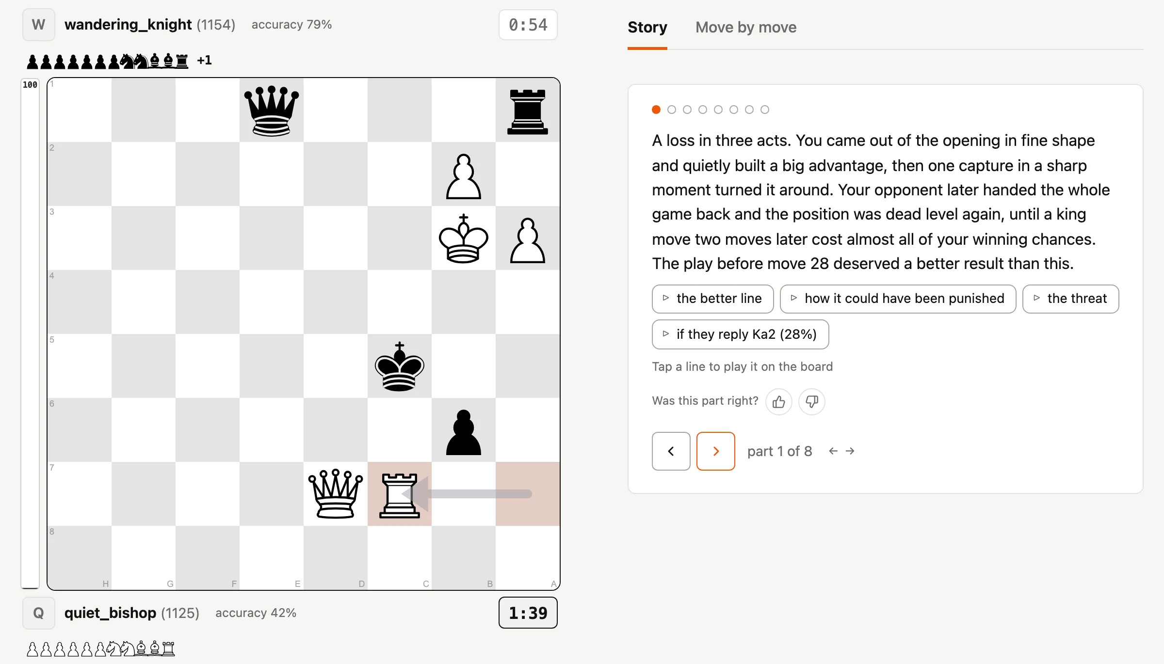 A game review: the board with player bars and clocks beside the first part of the game's story